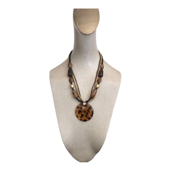 Retro Gold Bead Brown And Black Animal Print Drop Three Strand Necklace - Picture 1 of 11